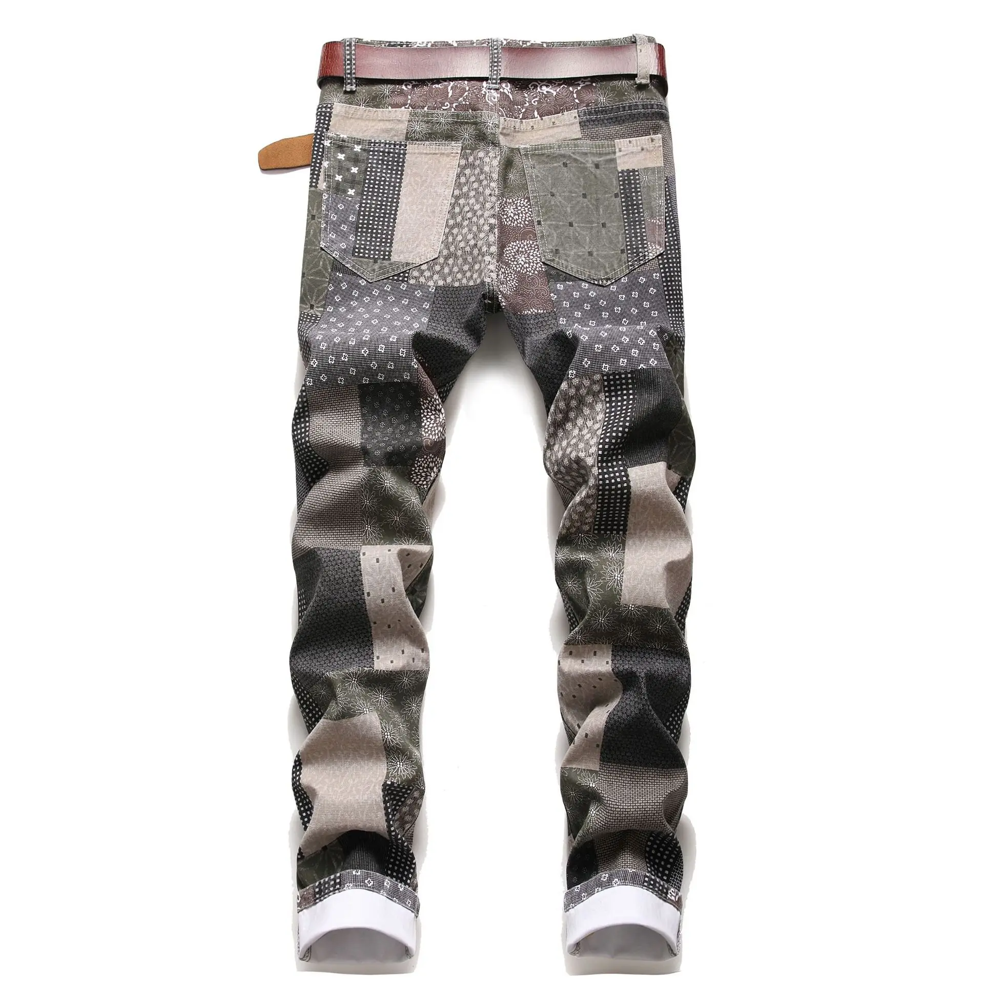 Men Jeans Print Pencil Pants Stretch Mid Waist Distressed Washed 2024 Streetwear Vintage Straight Ankle Length Trousers Denims