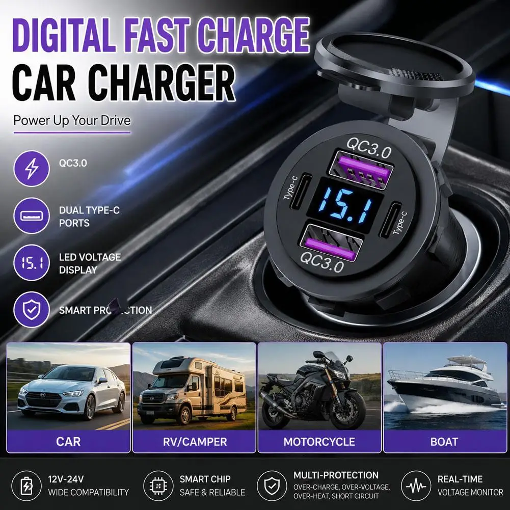 Waterproof 12V 24V Power Outlet Adapter with Wiring Harness Fast Charging Socket for Motorcycles Off Road and Marine Use