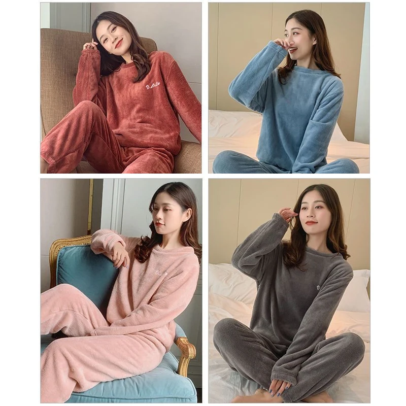 2Pcs/Set Ladies Spring Autumn Winter Solid Pajamas Sets Women Long-Sleeved Casual Coral Fleece Thickened Loose Fit Cute Homewear