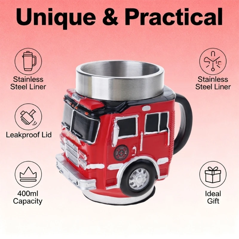 367A Creative Truck Shaped Firefighting Cup Stainless Steel Coffee Mug For Dad Gift For Father's Day Or Birthday