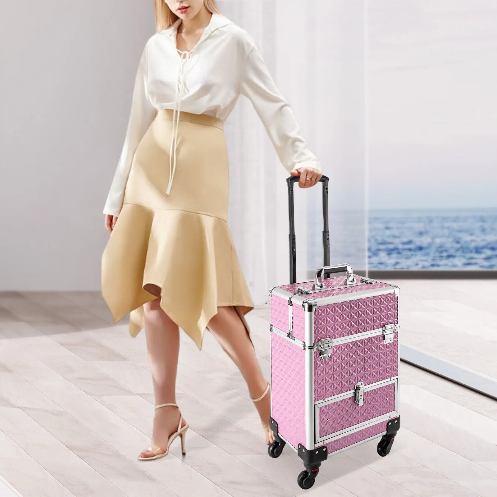 

20kg/44.09lbs Load Rolling Makeup Train Case Pink Professional Cosmetic Trolley Makeup Storage Organizer