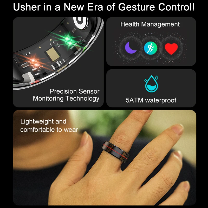 R04 Smart Ring Uomo Donna con custodia di ricarica, cardiofrequenzimetro e ossigeno nel sangue, impermeabile 5ATM, modalità multi-sport per Android IOS