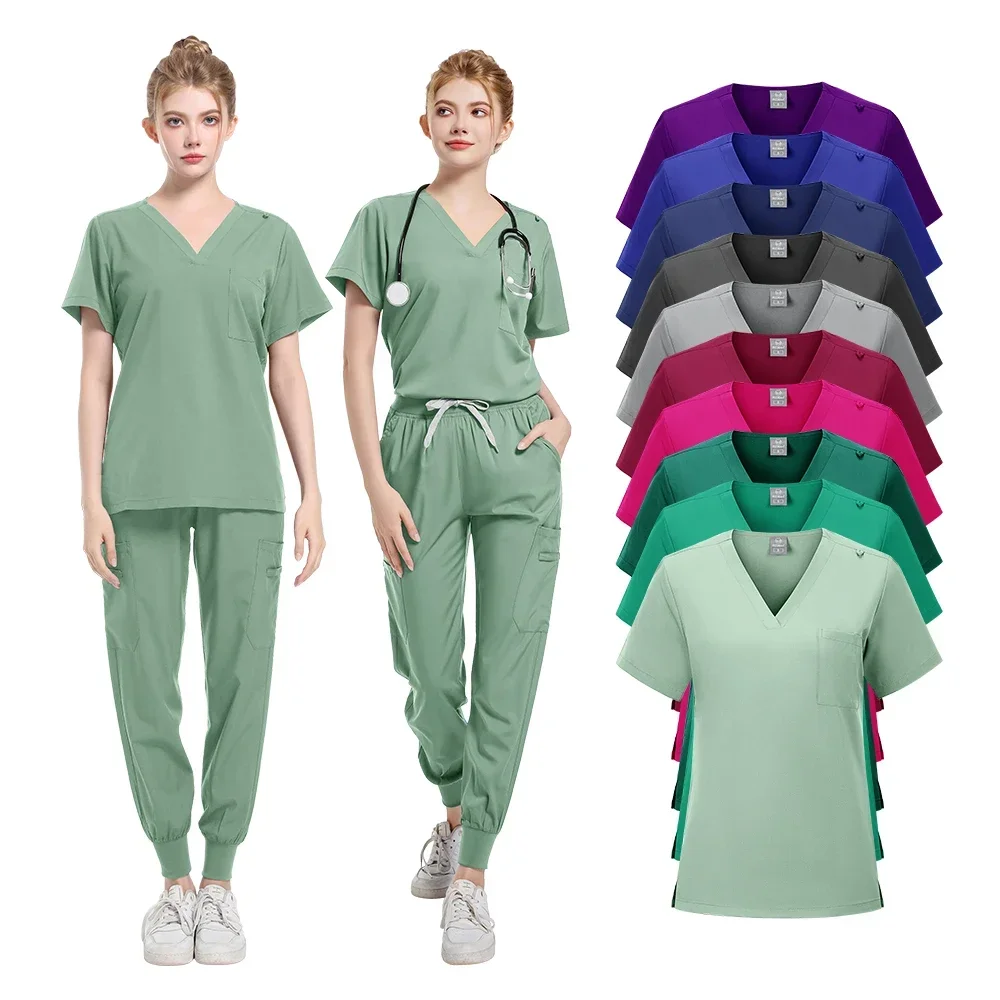 

Multicolour Jogger Suits Doctor Nursing Uniforms Short Sleeve V-neck Tops Pocket Pants Nurse Scrubs Set Medical Clinical Clothes