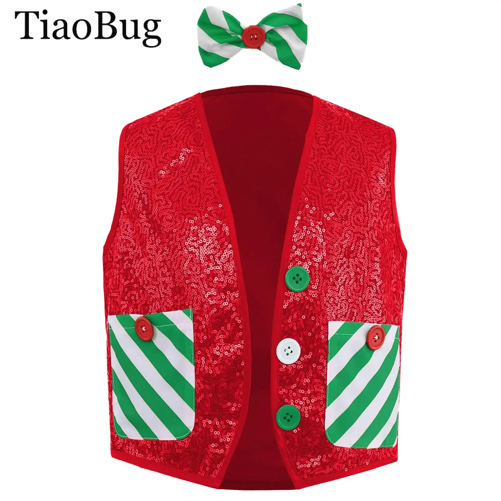 

Boys Christmas Sequins Santa Elf Vest Xmas Striped Waistcoat with Bowtie Latin Jazz Disco Dance Jacket New Year Costume Dress Up
