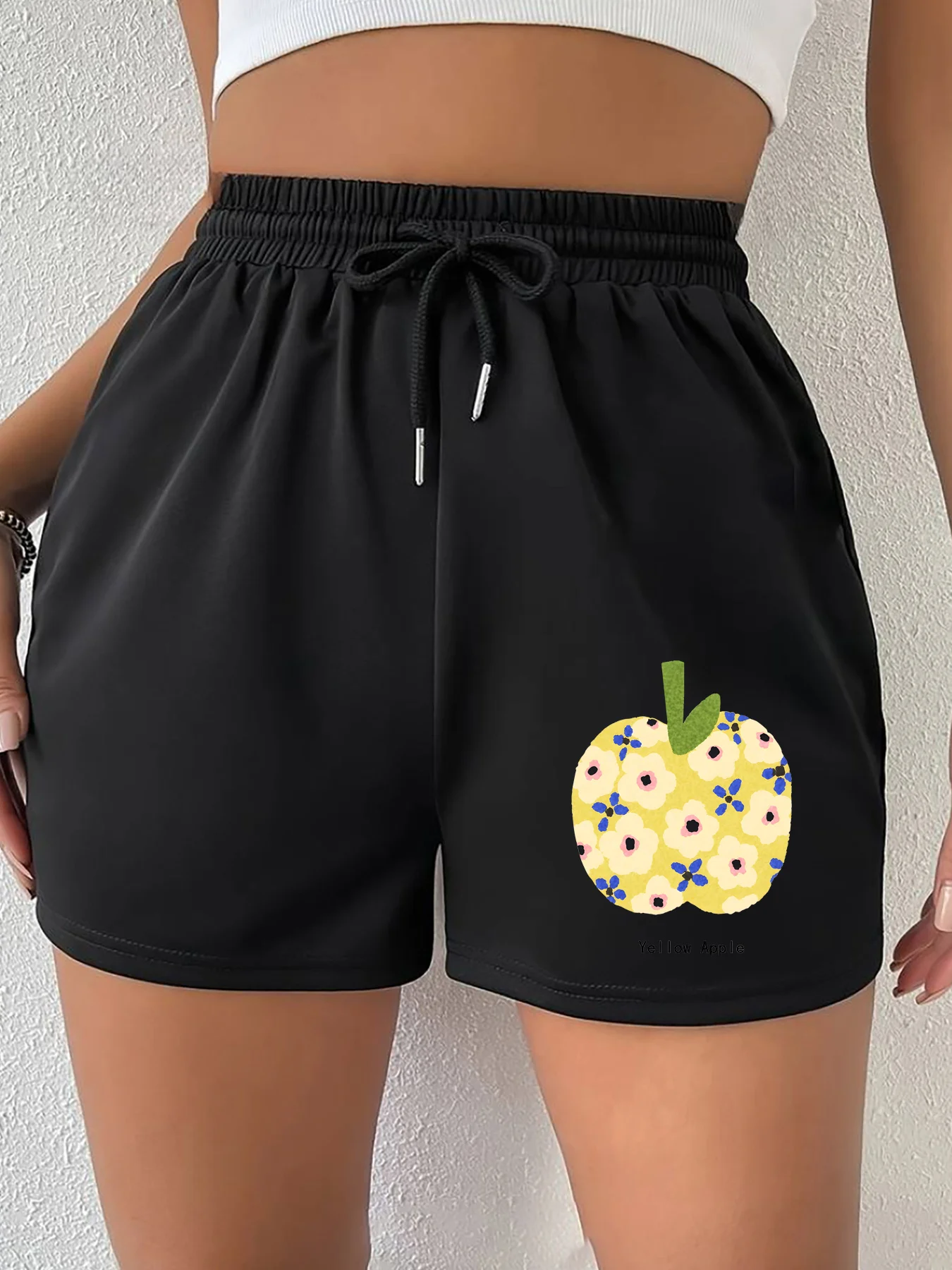 

Женские летние шорты с яблочным принтом, эластичный пояс, влагоотводящие и дышащие, подходят для занятий спортом, бега и фитнеса.