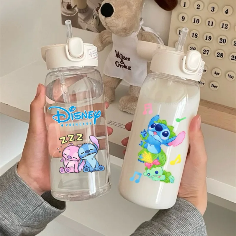 600ML Disney Lilo Stitch Straws Water Bottle Portable Outdoor Sports Camping Fitness Kids Drinking Water Cup Plastic Bottle Gift