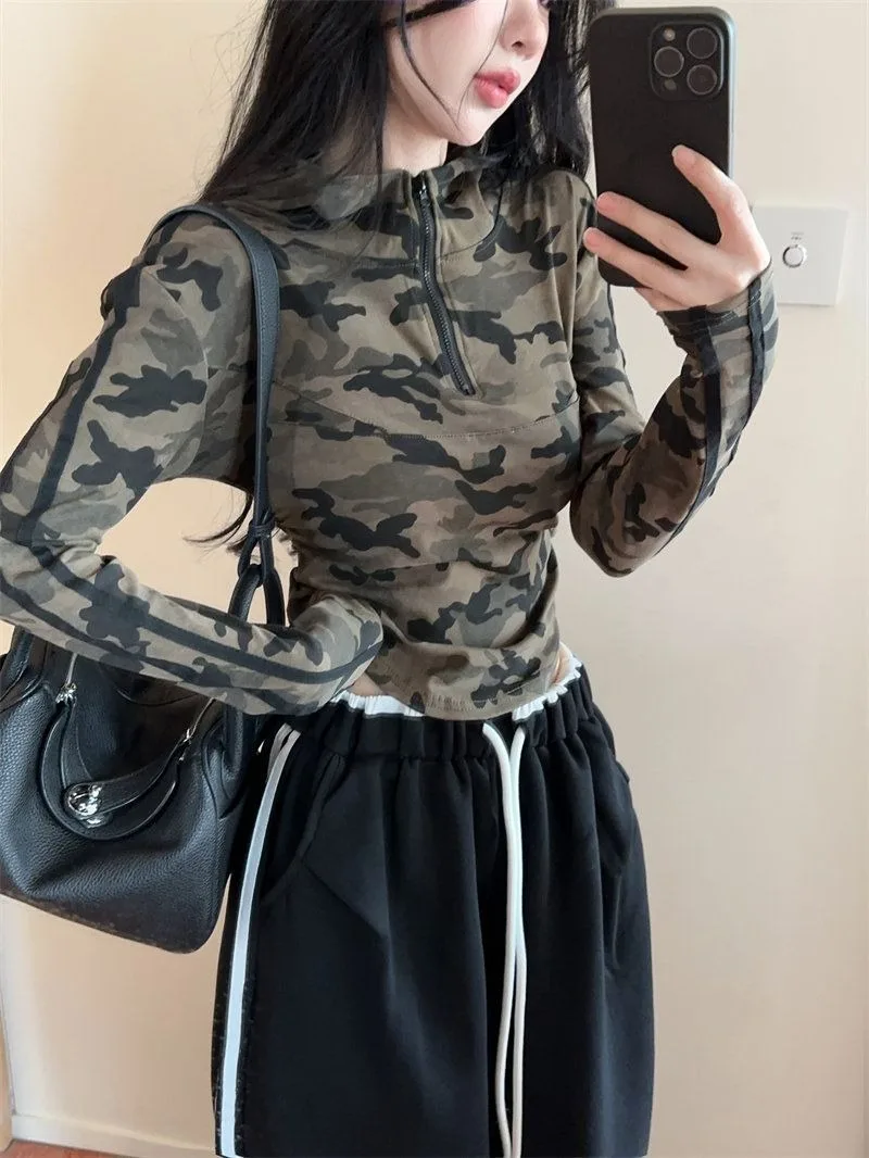Damenmode Camo-Print Hoodie mit halbem Reißverschluss, Langarm-T-Shirt, einzigartiges Design, schmal geschnitten, lässiger Pullover-Oberteil für Damen – Detail 1
