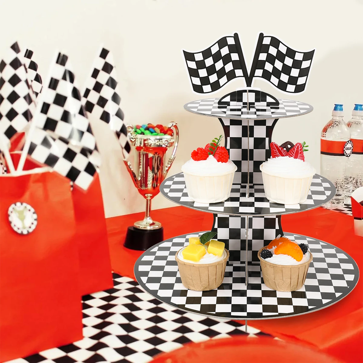 3-Tier Cartoon Racing Car Game Party Cake Display Stand Chessboard Grid Cupcake Rack Holder Birthday Party Cake Tray Decoration