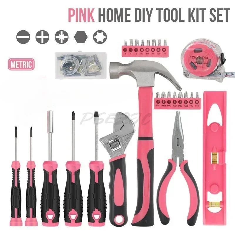 66 Piece Universal Household Tool Set with Plastic Toolbox Pink Color Women's Exclusive for Car and Home Repair