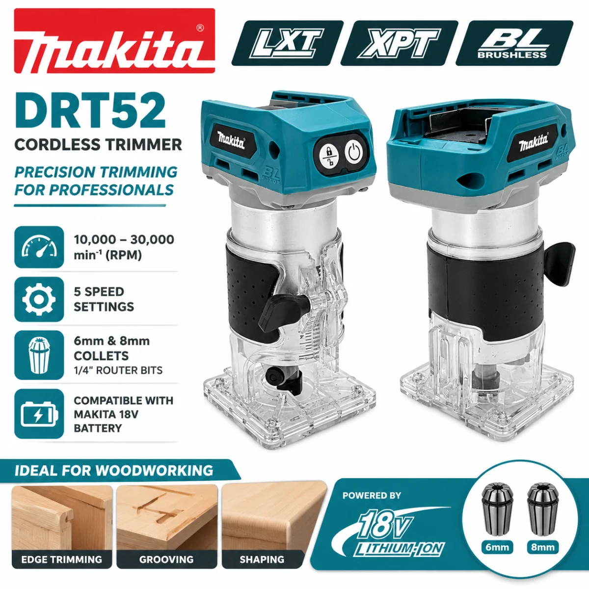 Makita 18V Lithium Battery LXT DRT52 Brushless Cordless Wood Trimmer Slotting Milling Engraving Trimming Machine for Woodworking