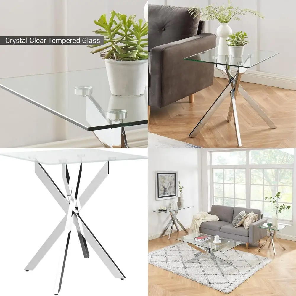 

Contemporary Tempered Glass Square Side Table with Silver Metal Legs, 20x20x22