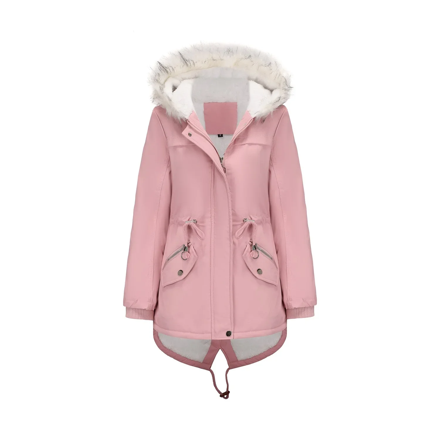 Autumn Winter New Women's Medium-Long Hooded Fleece Patchwork Cotton-Padded Coat With Fur Collar Waist-Close Warm