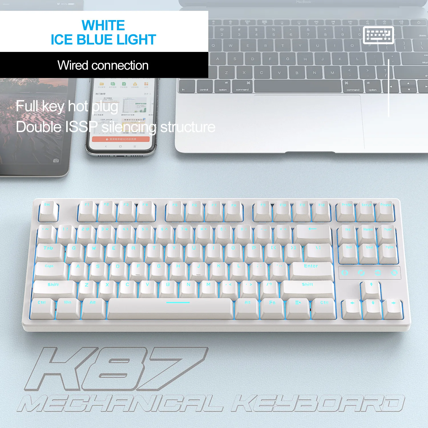 Imagem -03 - Ziyoulang-tipo-c com Fio Gaming Teclado Mecânico 87 Teclas Branco Gelo Azul Backlighting Teclados Personalizados Hot-swap