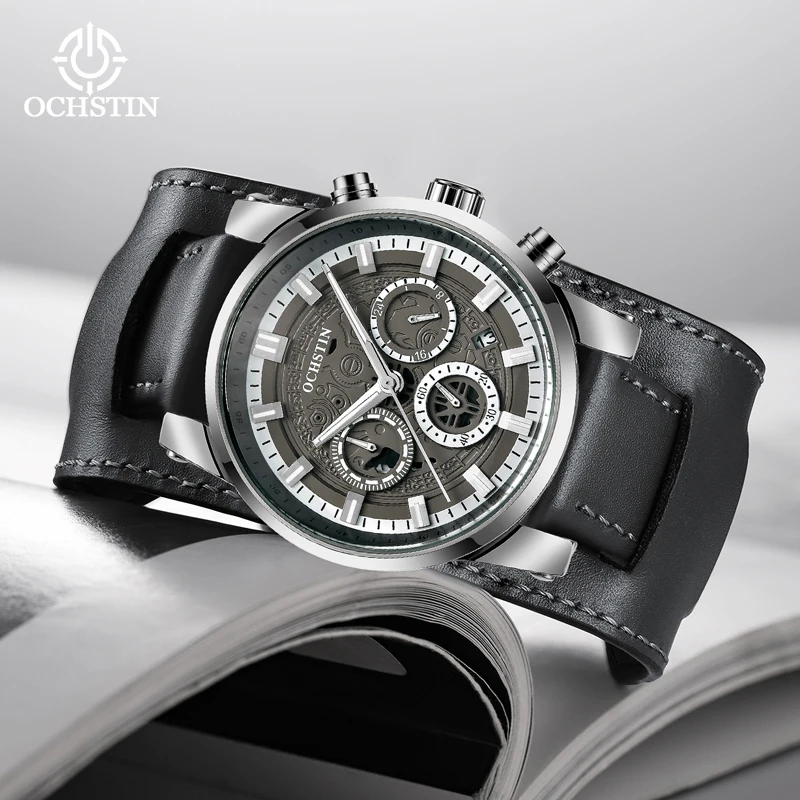 ochstin-craftsmanship-series-men's-watch-multifunctional-quartz-movement-alloy-case-skin-friendly-genuine-leather-strap-clock