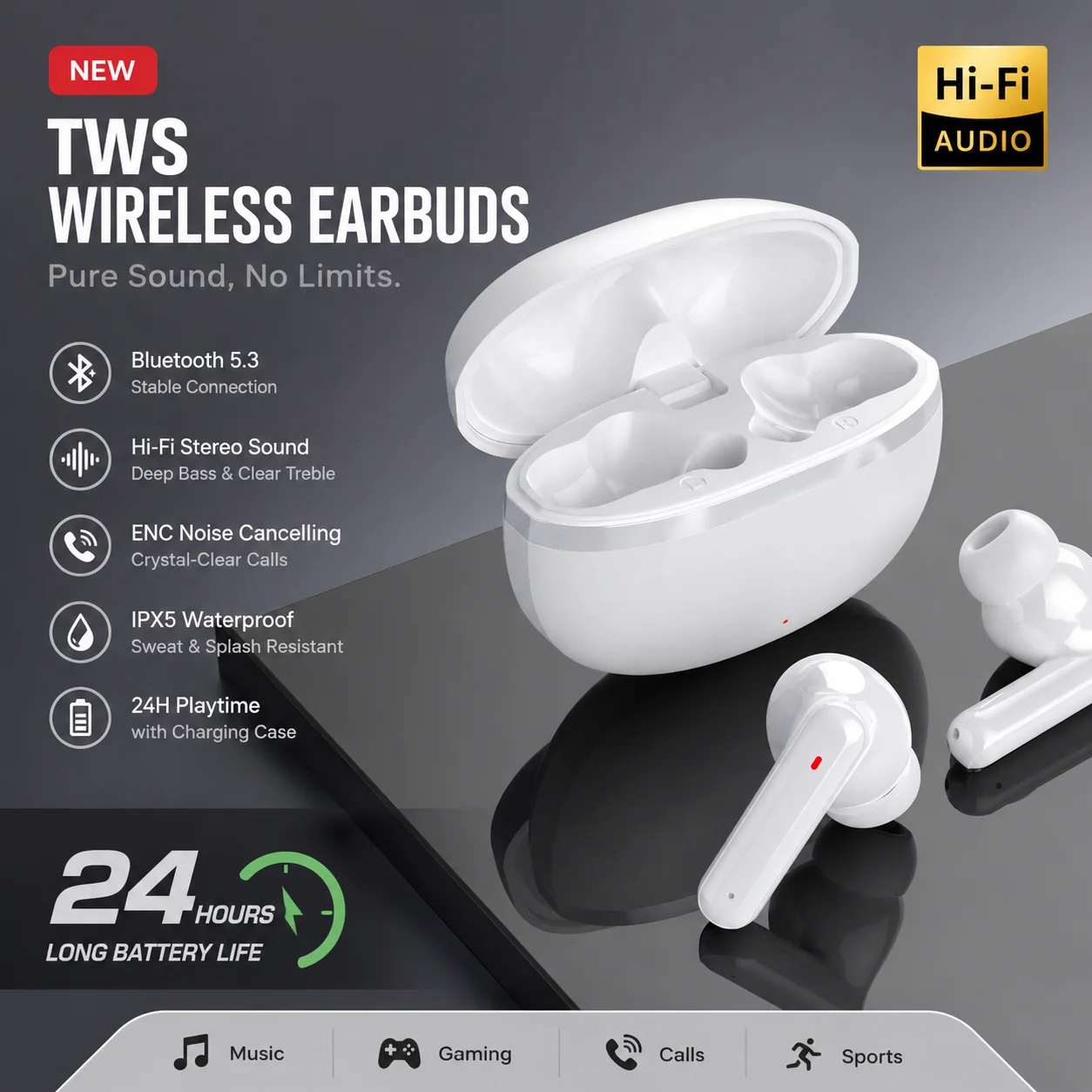 KaiAqua G51 Bluetooth Earbuds Low Latency Touch Control HD Call Waterproof Wireless Headset for Gym Workout Commuting Gaming New