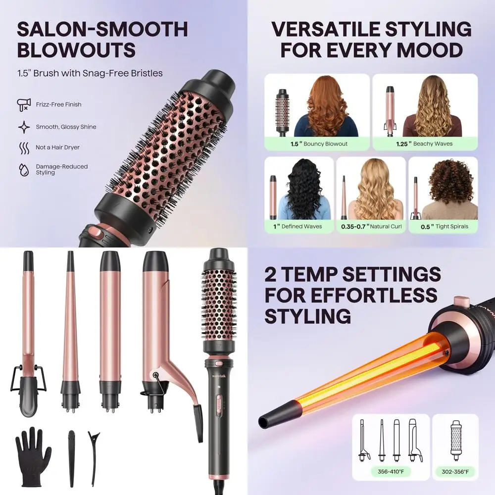 

5-in-1 Curling Iron Set with Brush and 4 Ceramic Wands (0.35-1.25), Quick Heat-Up, Dual Voltage Hair Curler