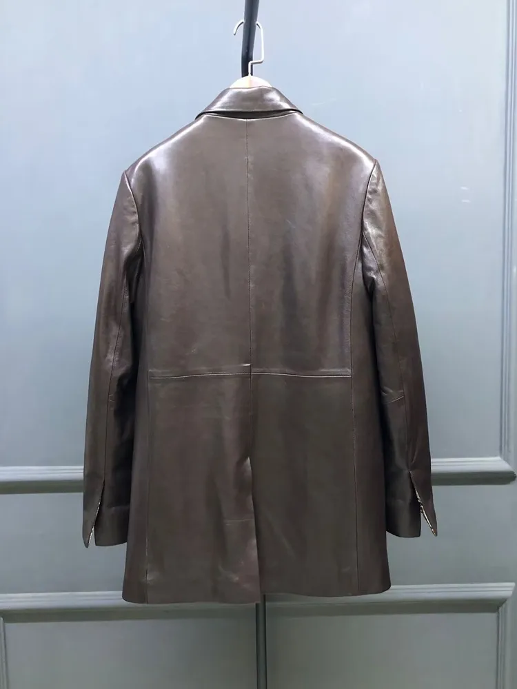 Frauen Herbst Top Qualität Fashion Echtes Leder Jacke Mid Lange Gerade Kerb Kragen Gepolsterte Mantel Natürliche Schaffell Oberbekleidung