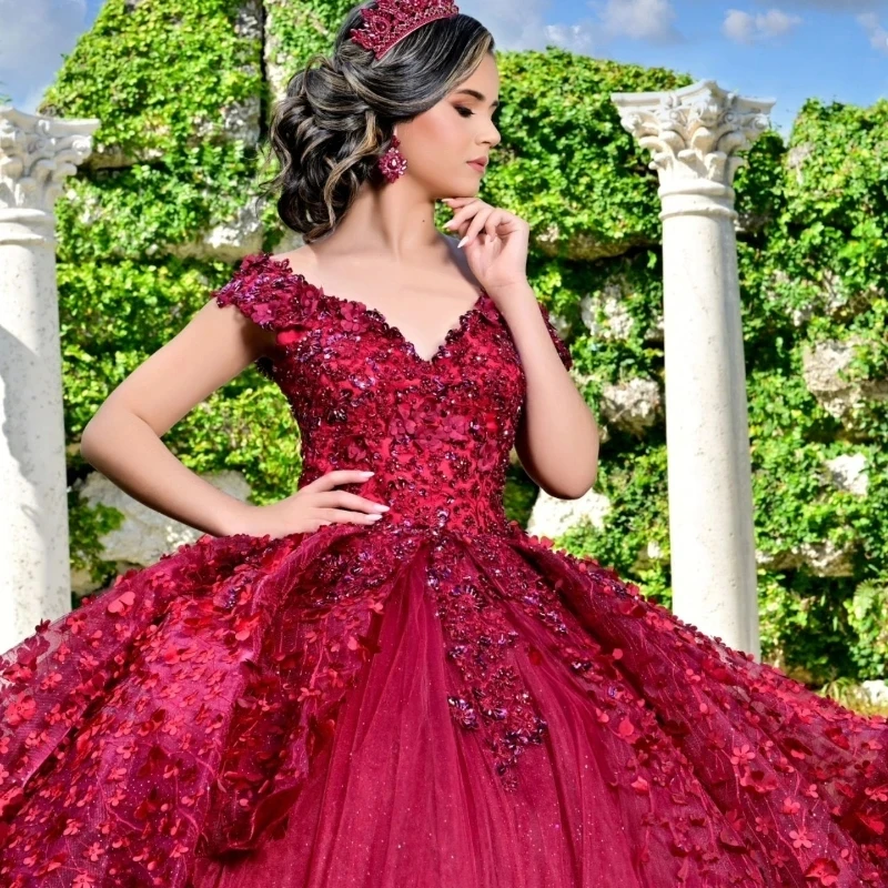 Red Glitter Quinceanera Dress Ball Gown For Sweet 16 Off The Shoulder 3D Flower Lace Applique Beading Crystal Tull Vestidos De15