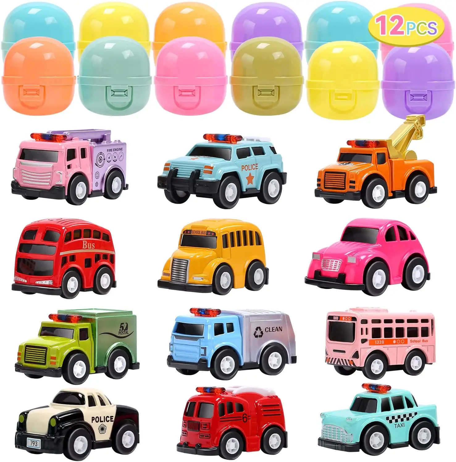 

12-Piece Easter Egg Toy Set with Alloy Cars, Basket Stuffers for Toddlers & Kids Party Favors