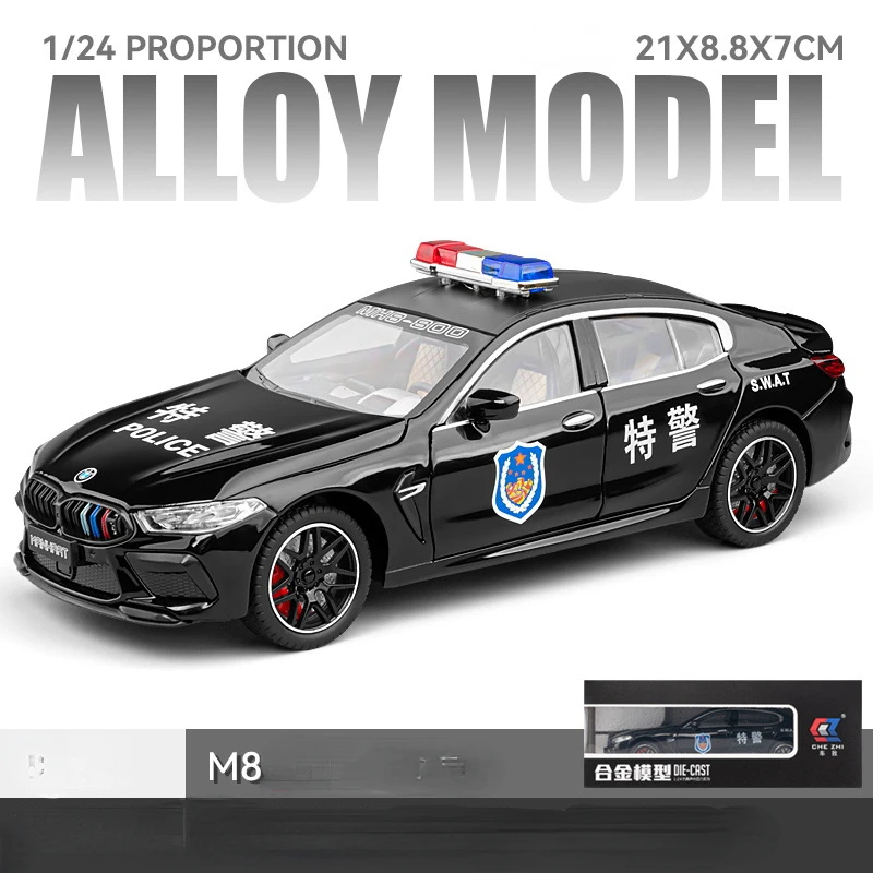 1:24 BMW M8 police car Alloy Car Diecast Metal Model Sound & Light Pull Back Toy Computer Desktop Ornaments Display Gift C381