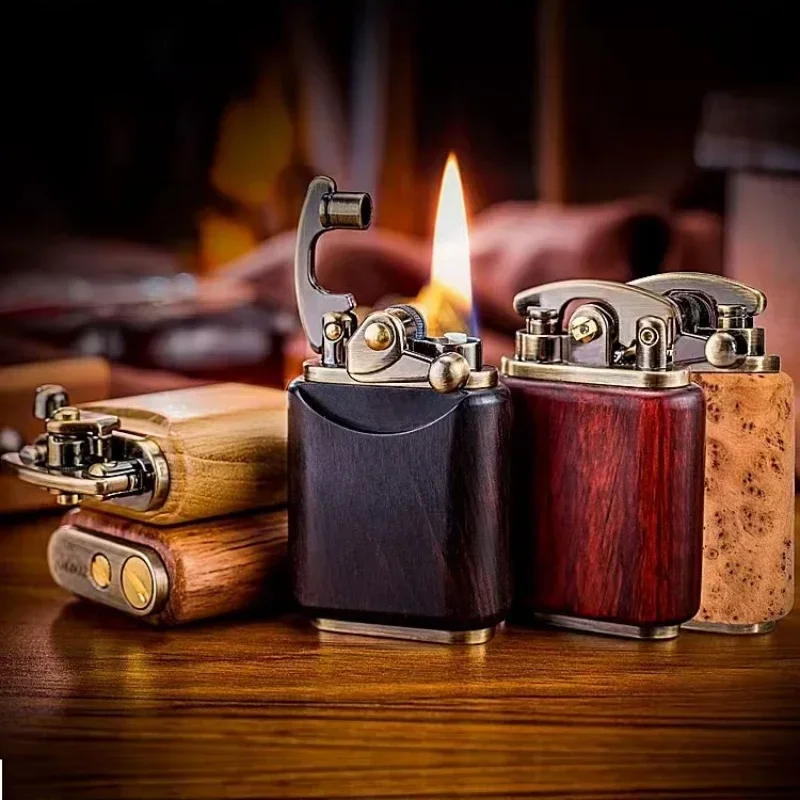 Rosewood de madeira zorro rocker querosene isqueiro retro cobre velho nove portas criativo mogno isqueiro presente masculino