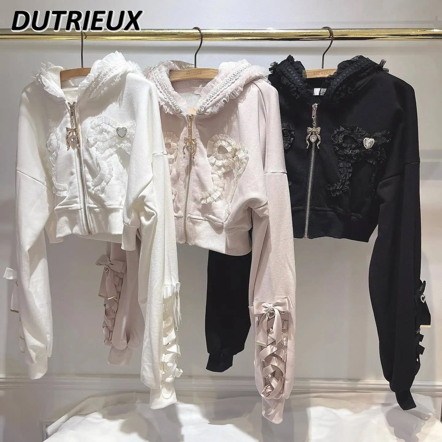 Japanese Style New Sweet Cardigan Coat Mine Series Mass-produced Bow Rhinestone Girl Cute High-waisted Hooded Sweatshirt Women