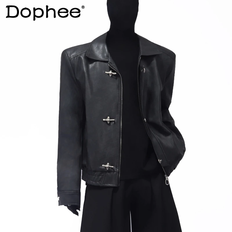 

Men Women 2025 Autumn New American Style Retro Jacket Airplane Buckle Solid Color PU Leather Jackets Loose Comfort Leather Coats