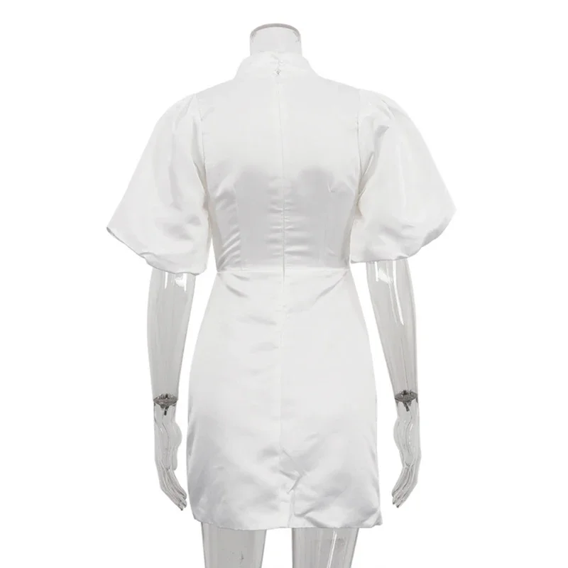 فستان قصير بأكمام منتفخة كلاسيكية للنساء بياقة واقفة فستان ستان أنيق بخصر عالٍ ملابس بيضاء للحفلات والتنقل #6