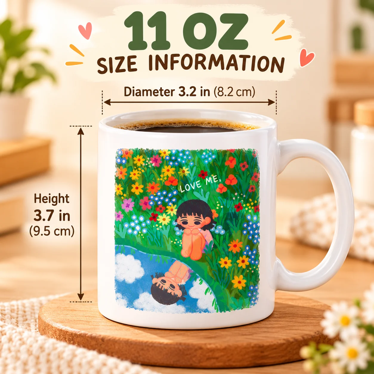 Sublimation Finished Printed 11oz Ceramic Mug, Vibrant Floral Meadow Cartoon Girl 