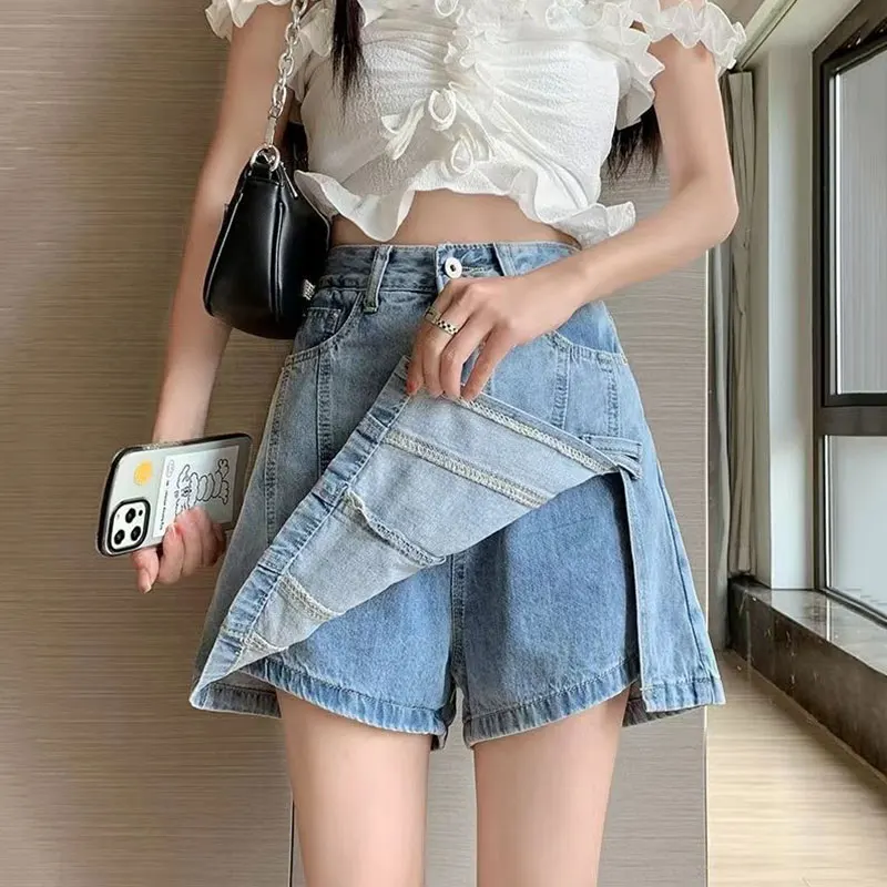 Moda a vita alta Denim Culottes donna estate Design Baggy Jean Shorts falso due pezzi fodera Jeans gonne gonna pantalone blu