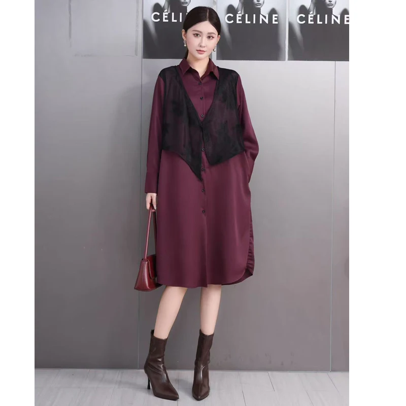 2025 Herfst Elegante Vrouwen Losse Casual Retro Patchwork Shirts Lange Jurken Vrouwelijke Lange Mouw Jurk Groothandel J2062