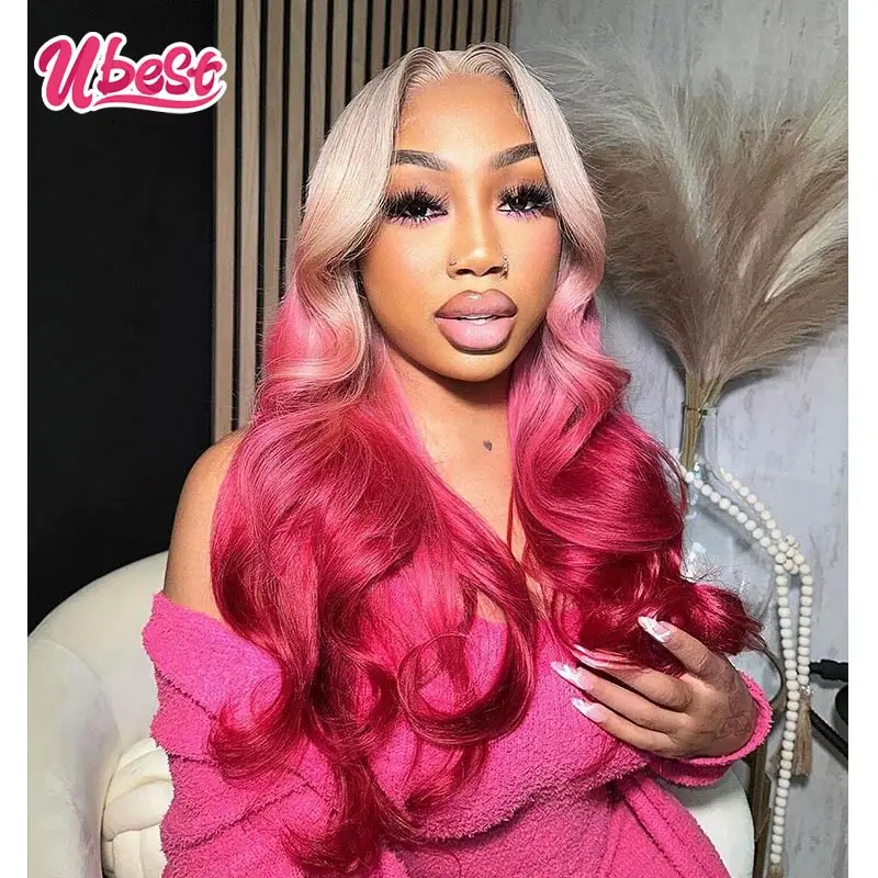 13x6Ombre Grey Pink red Color Body Wave Lace Front Human Hair Wig 200% Brazilian Body Wave Transparen Lace Frontal Wig For Women