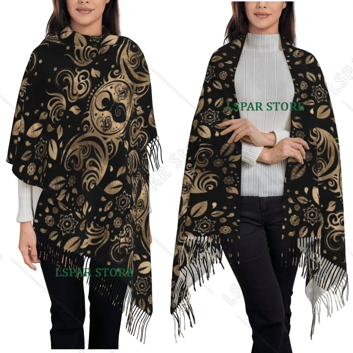 Triple Moon With Triskelion Pentagram Pagan Wiccan Scarf Tassel Scarves for Women Shawls and Wraps Large Fall Winter Shawl Wrap