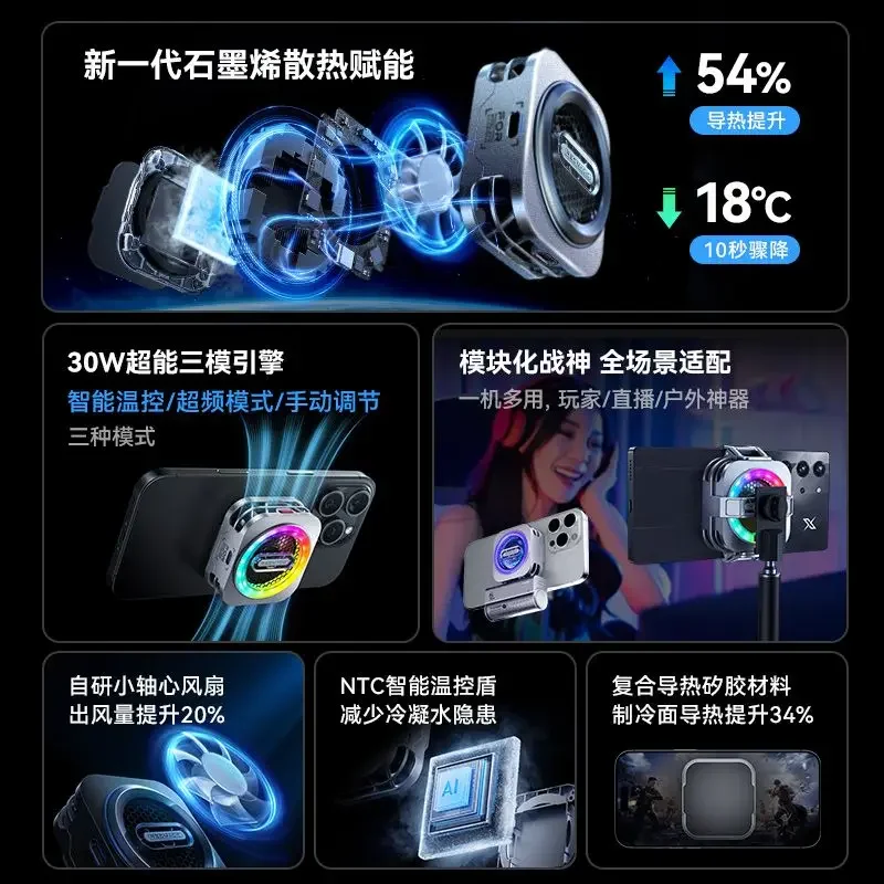 لعبة التبريد بالوعة الحرارة المغناطيسية Red Magic 6Pro، قطعة أثرية تبريد أشباه الموصلات قابلة للتطبيق