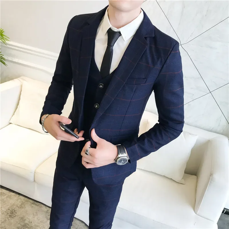 2023 Fashion New Men\'s Casual Slim Plaid Suit Coat Three Piece Set / Men\'s Business Boutique Wedding Blazers Jacket Pants Vest