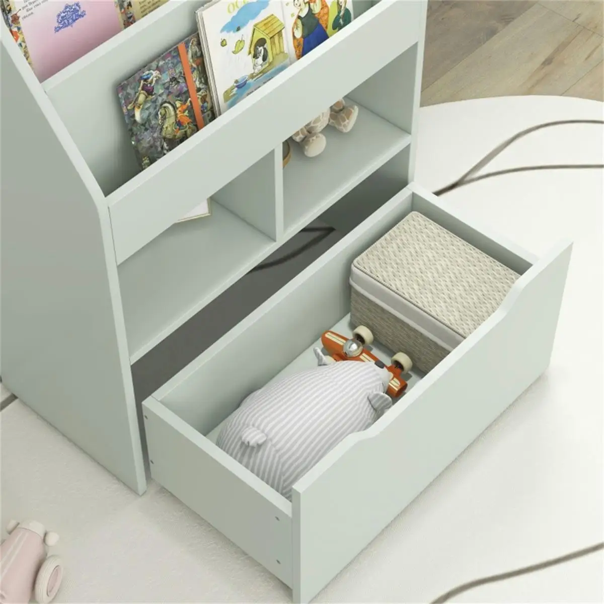 Kids Book Storage Shelf Cabinet - Pale Green Organizer for Toys & Books