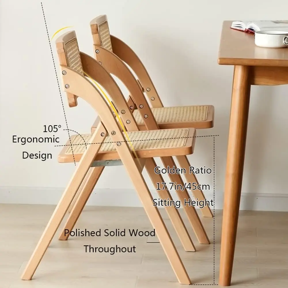 Folding Dining Chairs Set Of 6, Foldable Wood Kitchen Chairs 100% Real Rattan Woven Seat And Back,Handmade For Living Room