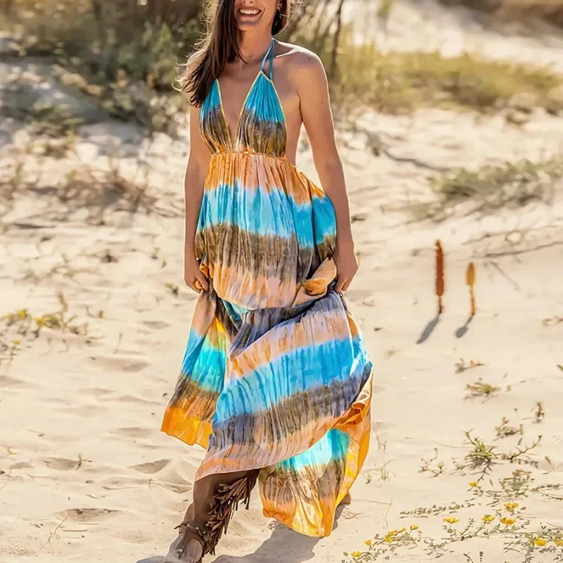 

Summer Bohemia Dresses For Women Sexy V Neck Sleeveless A-Line Long Dress Women Elegant Beach Holiday Dress 2024