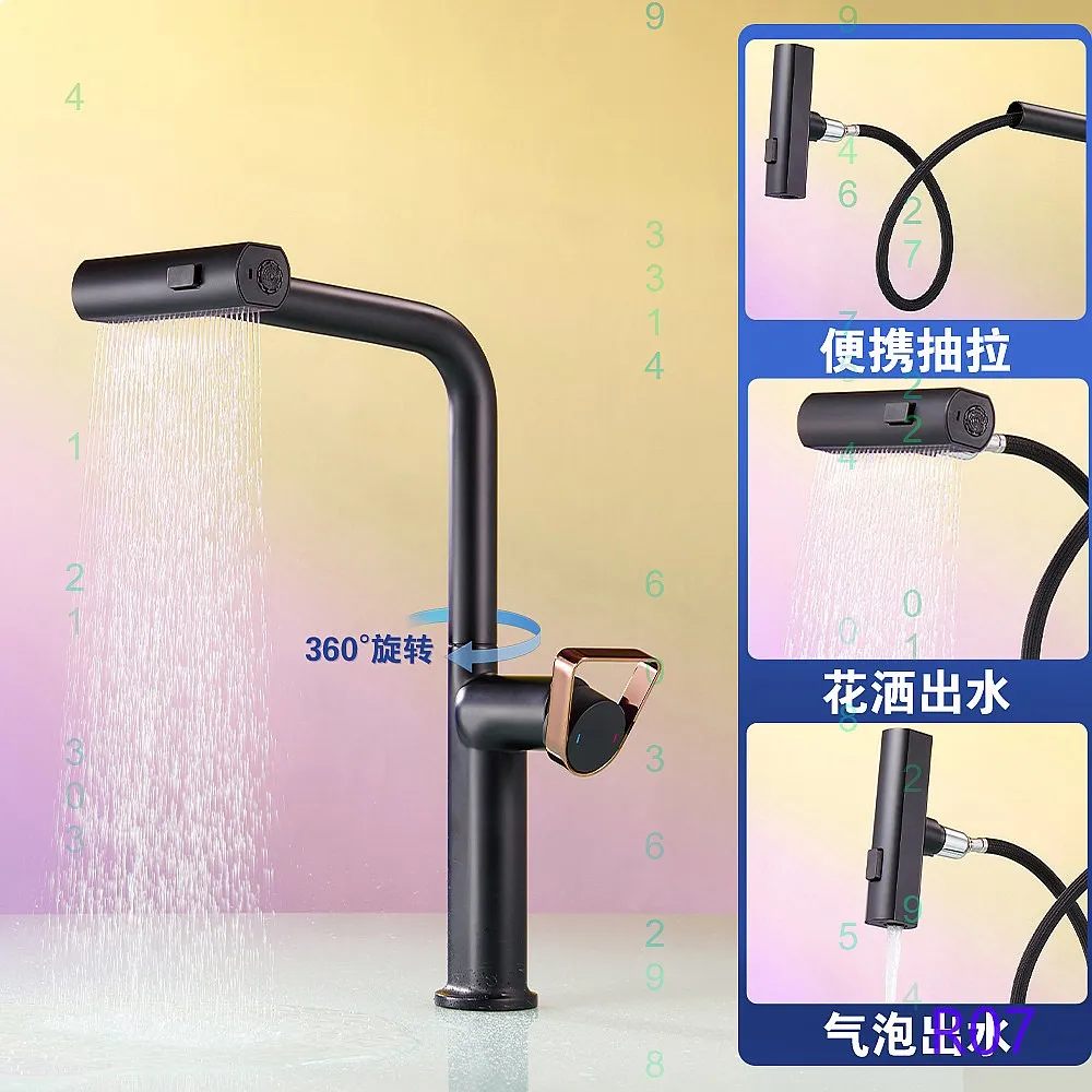 Cross-border Brass Kitchen Faucet Pull-out Rotating Rainfall Waterfall Sink Cold Hot