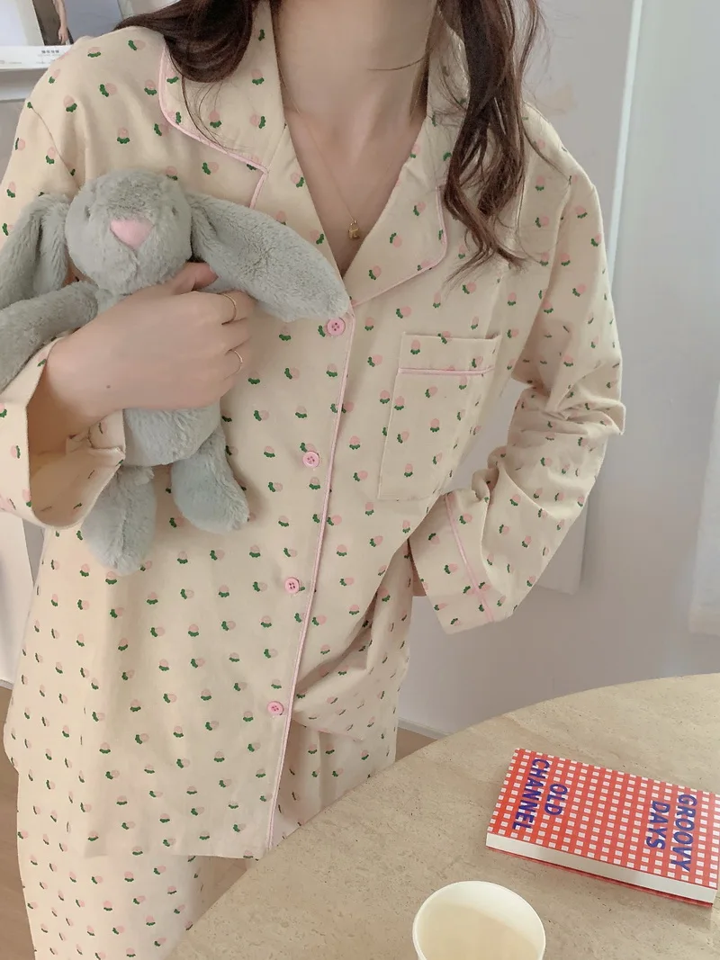 Korean Grass Print Autumn Pajamas Set Women Long Sleeve Cardigan + Trouser Soft Sleepwear Home Suit Nightwear Vintage Cotton