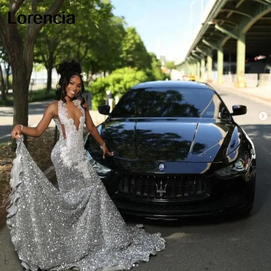 

Lorencia Sexy Diamond Silver Mermaid Prom Formal Dress Black Girl Sparkly Crystal Velvet Evening Birthday Party Gala Gown YPD194