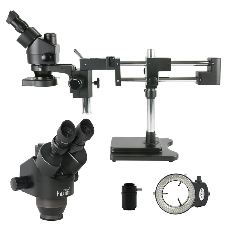 7X-45X Simul Focal Parfocal Stereo Trinocular Microscope Double Arm Rotating Boom Heavy Duty Stand for Industrial Inspection