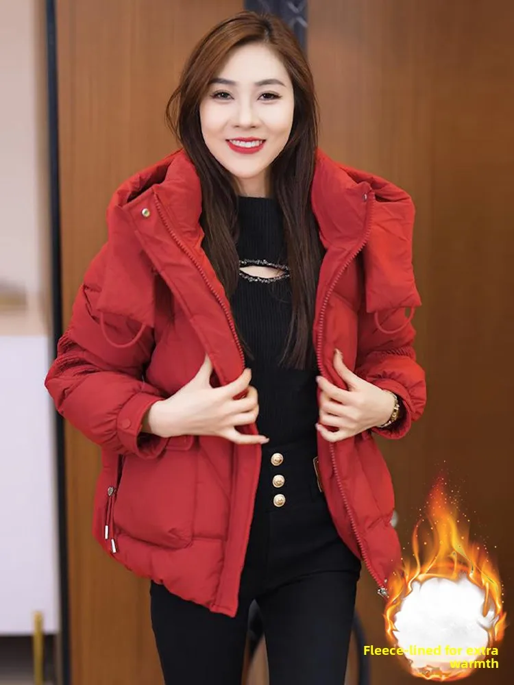 เสื้อโค้ทผู้หญิงแบบมีซับใน ทรงหลวม อุ่นสบาย บุขนเป็ด แขนยาว ผ้าฝ้าย สำหรับฤดูหนาว สไตล์เกาหลี