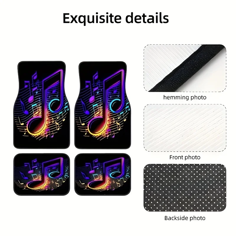 4pcs Music Symbol Car Floor Mats - Non-Slip Rubberized Polyester, Vibrant Neon Treble Clef & Note Design, Universal Fit For Fron
