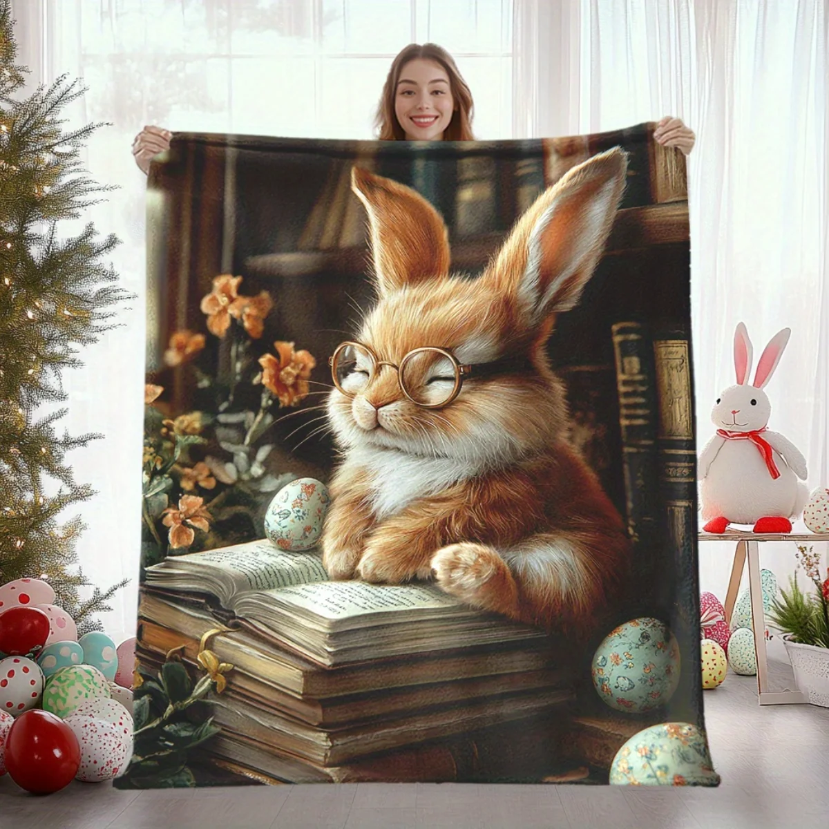 

1 Easter Bunny and Egg Pattern Flannel Blanket - Soft and warm, perfect for sofas, beds, chairs, camping, and as a holiday gift