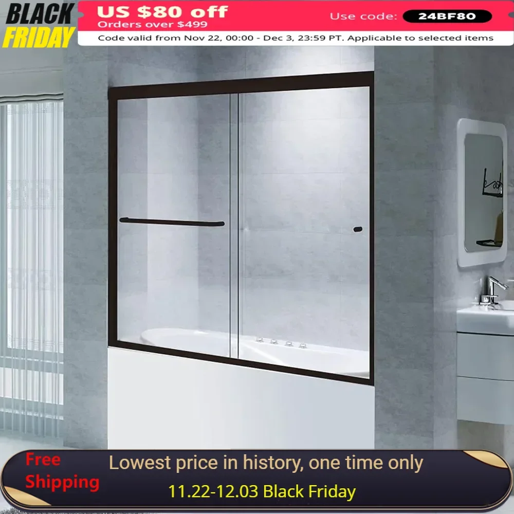 

Shower Door, 56-60 "W, Semi-Frameless Sliding Doors, Tempered Safety Glass, Bathroom Glass Shower Door