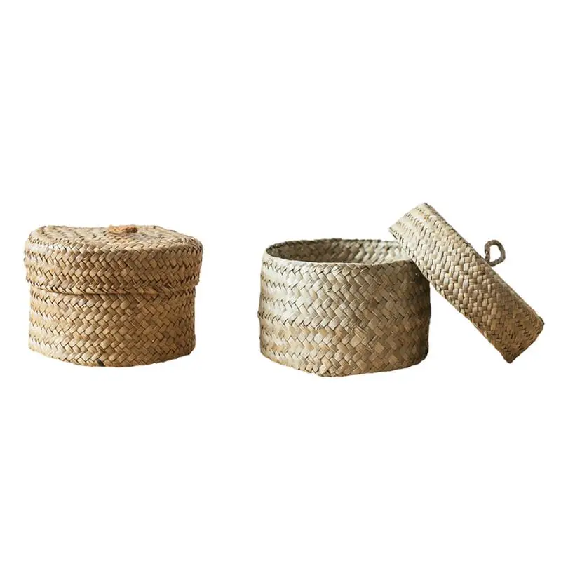 Woven Seagrass Storage Baskets Straw Rattan Basket Desk Organizer Picnic Basket Fruit Storage Box Cosmetic Storage Container