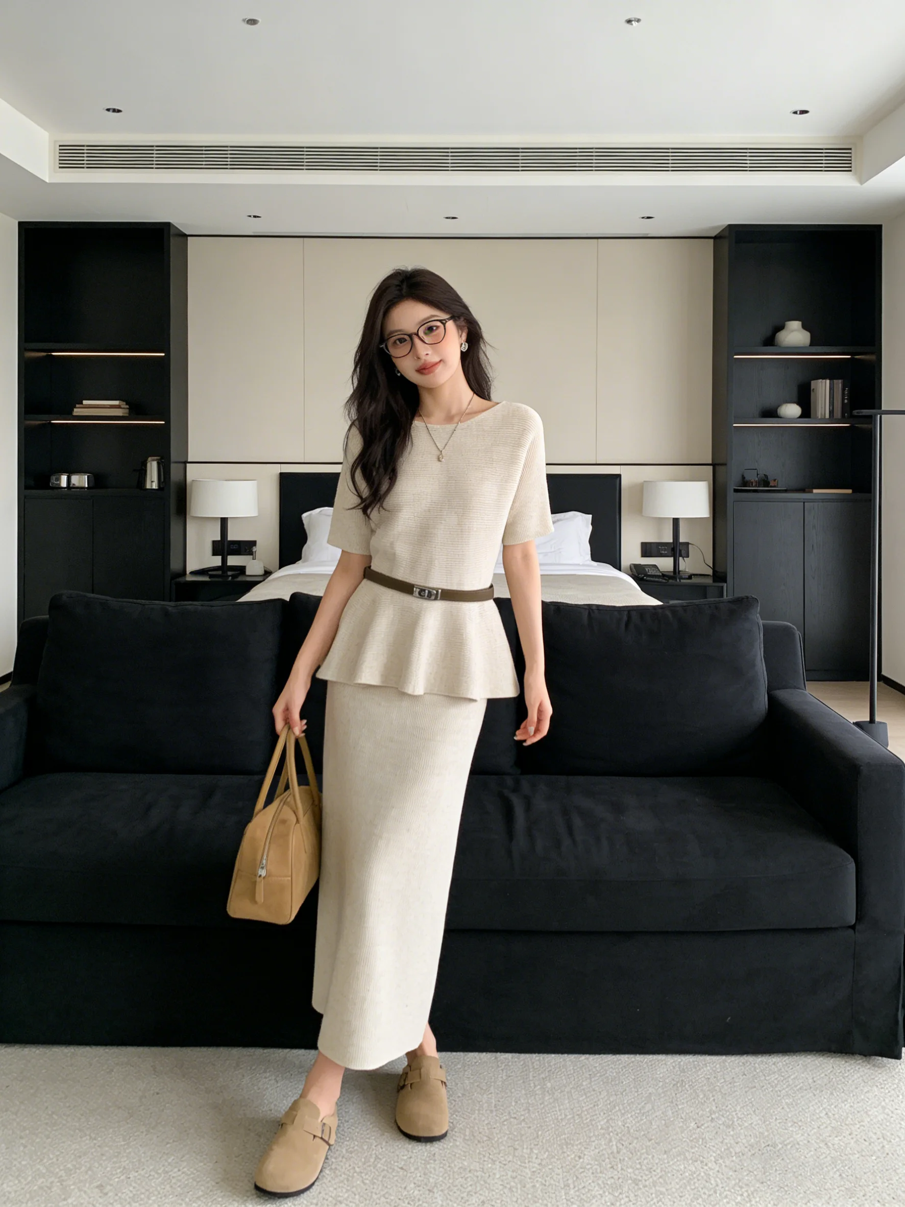 

Korean Style Casual Knitted Set round Neck Short Sleeve Breathable Spring High Waist Skirt Two Piece Women's Fashion Ensemble