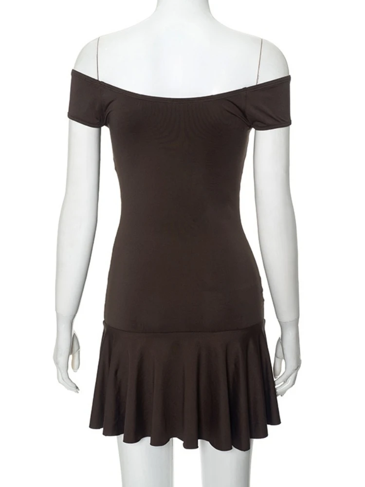 Sexy Off Shoulder Ruffled Hemline Waist-tied Slim Bodycon Dress Women Solid Color Skinny Dress Elegant Club Party Wear