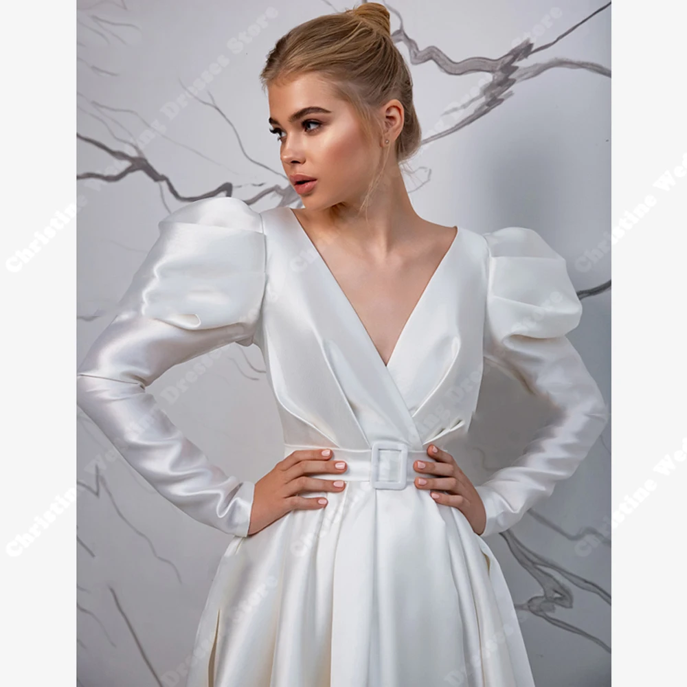 Vestidos de noiva de cetim branco brilhante com mangas compridas para mulheres, vestidos de casamento, vestidos formais com decote em v, vestido de casamento